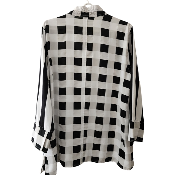 MiRELLE Black & White Contrast Striped & Plaid Ruffle Stand Collar Blouse Size L - Picture 2 of 11